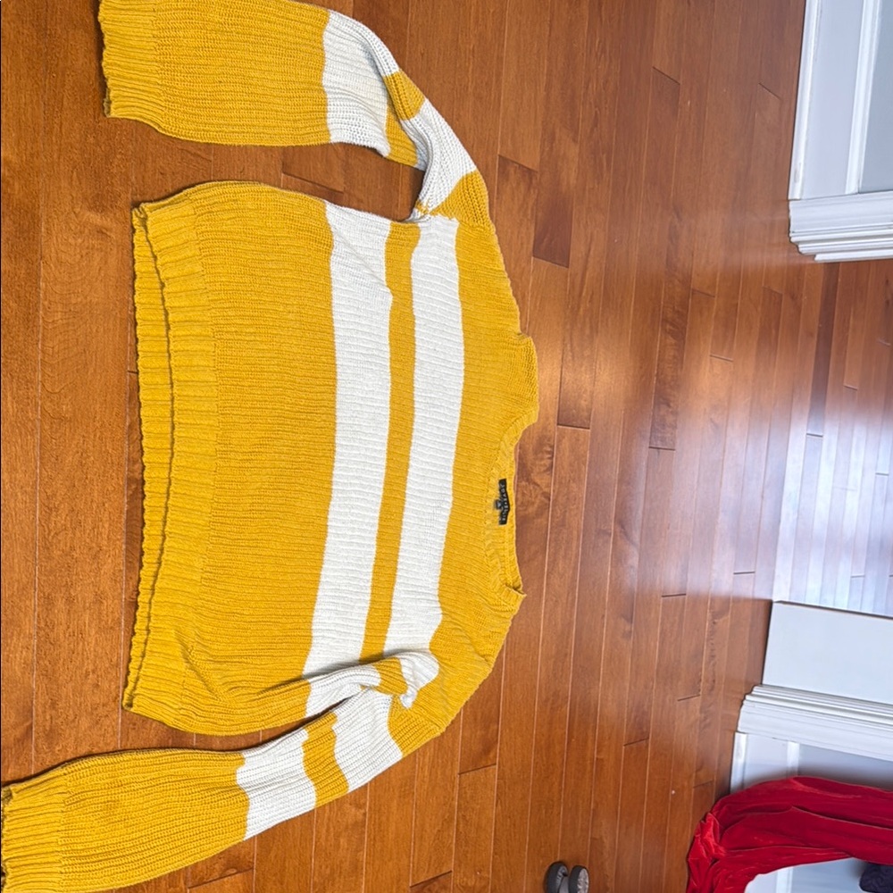 Vibrant Yellow and White Crew Neck Sweater with Stripes